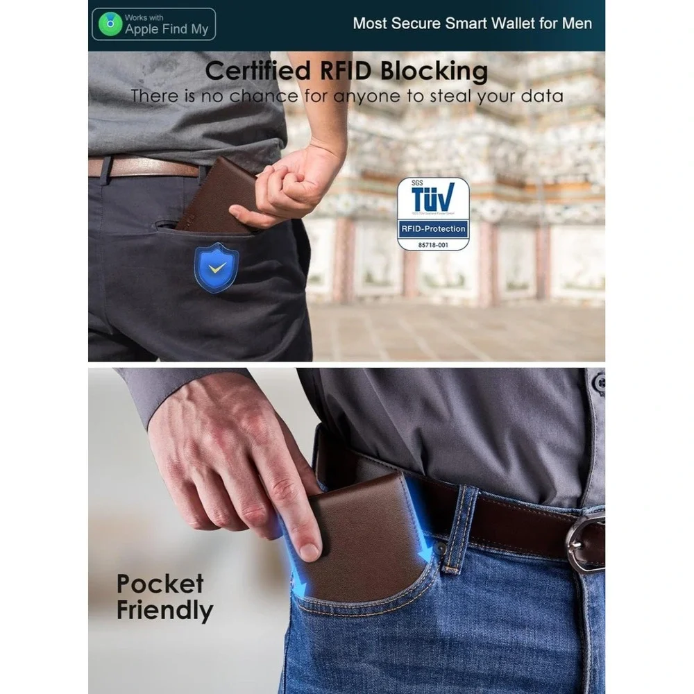 Wallet for Men Built-in Anti-Loss Tracker, Real-Time Tracking Smart Bifold, RFID